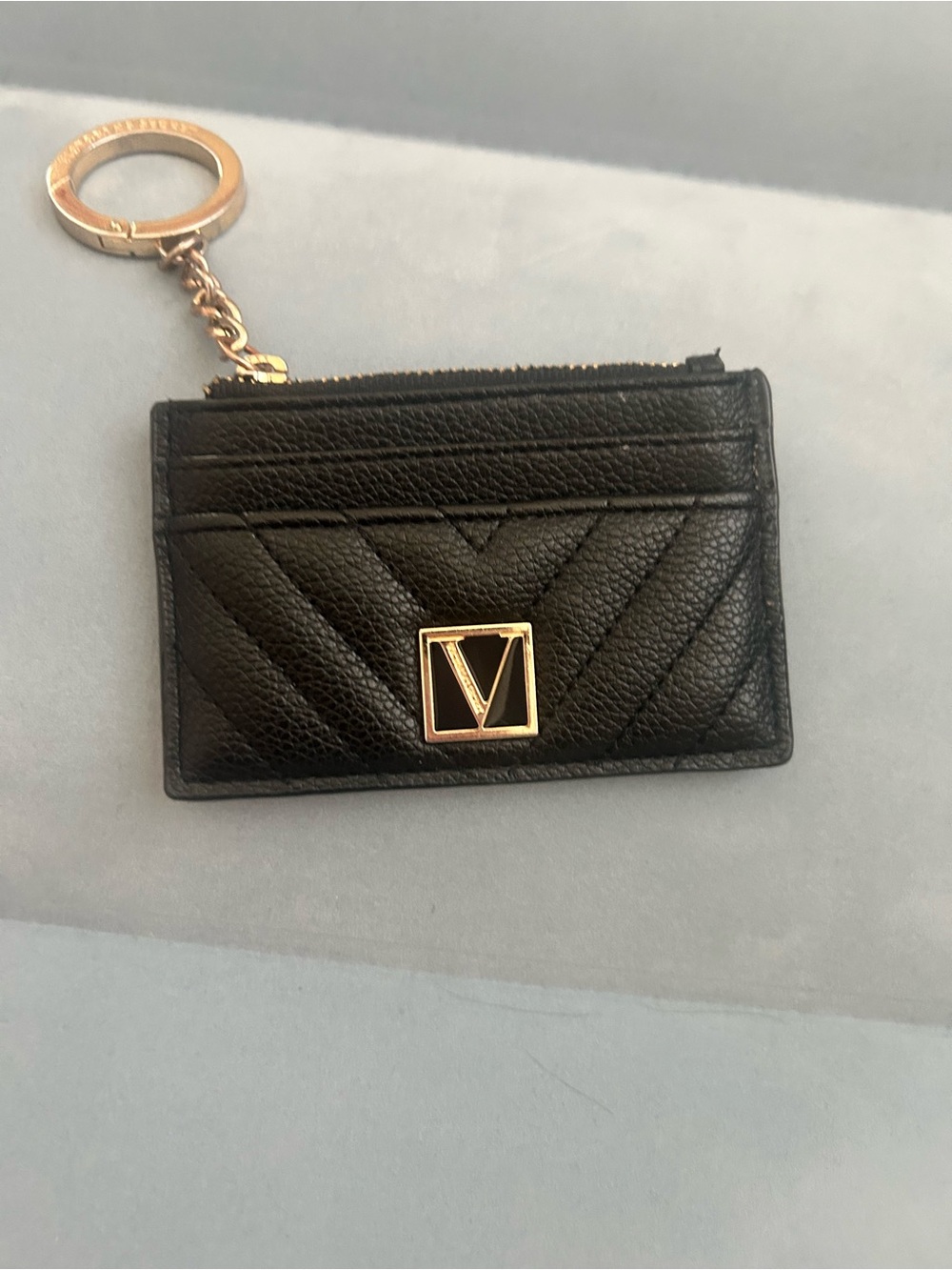 Victoria's Secret Black Quilted Card Holder Keychain with Gold V Logo
